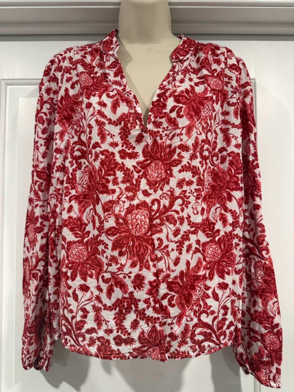 LOFT Red & Pink Floral Split-Neck Women's Blouse, Large